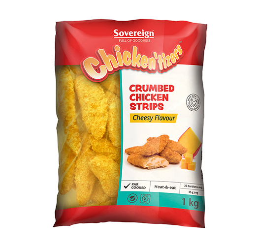 SOVEREIGN S/STYLE CRUMBED CHICKEN CHEESY STRIPS Econo Foods